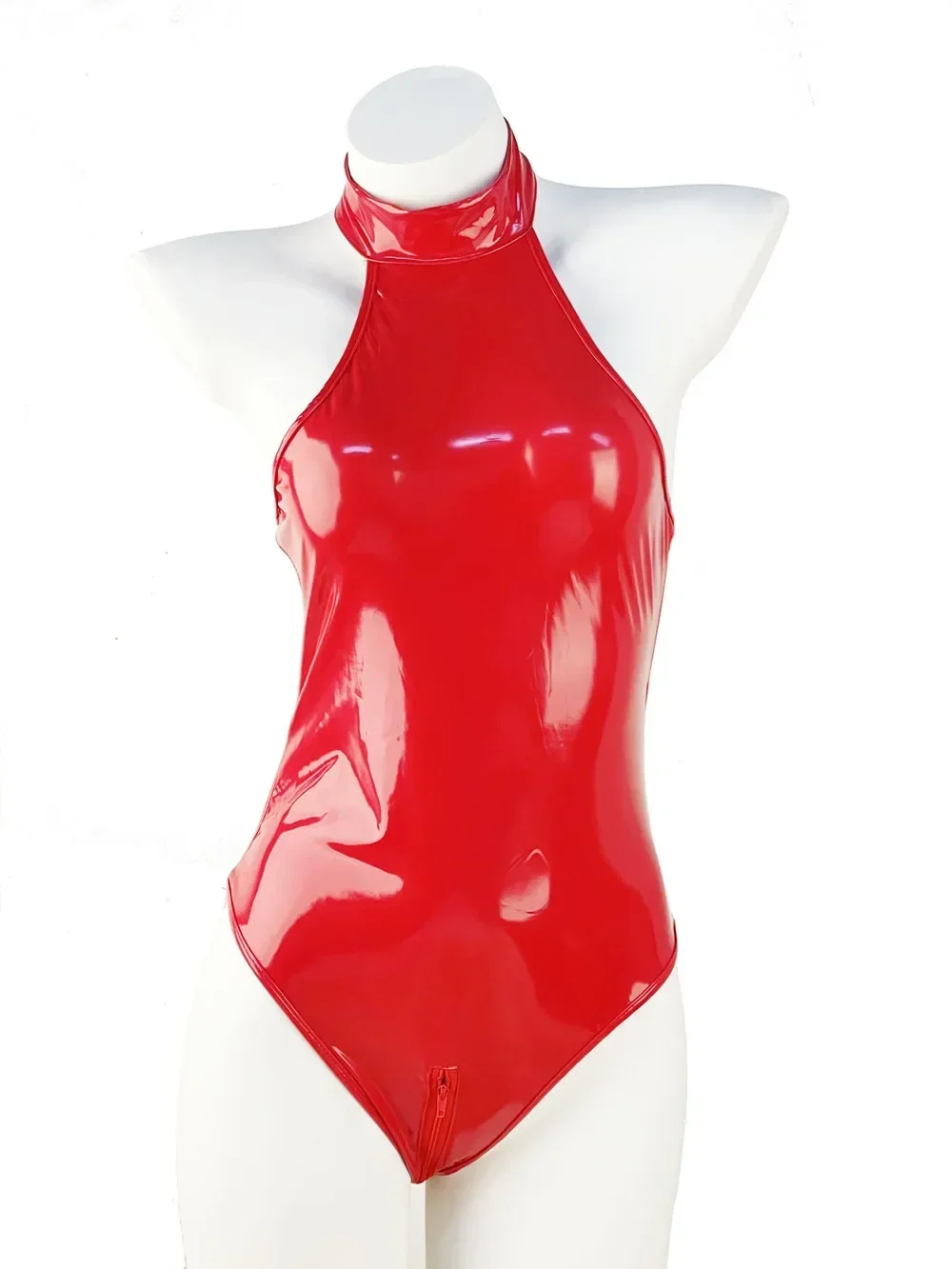 ملابس داخلية نسائية مثيرة لامعة من جلد البولي يوريثان مع جوارب وقفازات ذات مظهر رطب من اللاتكس بدلة قفز غريبة بسحّاب مفتوح المنشعب