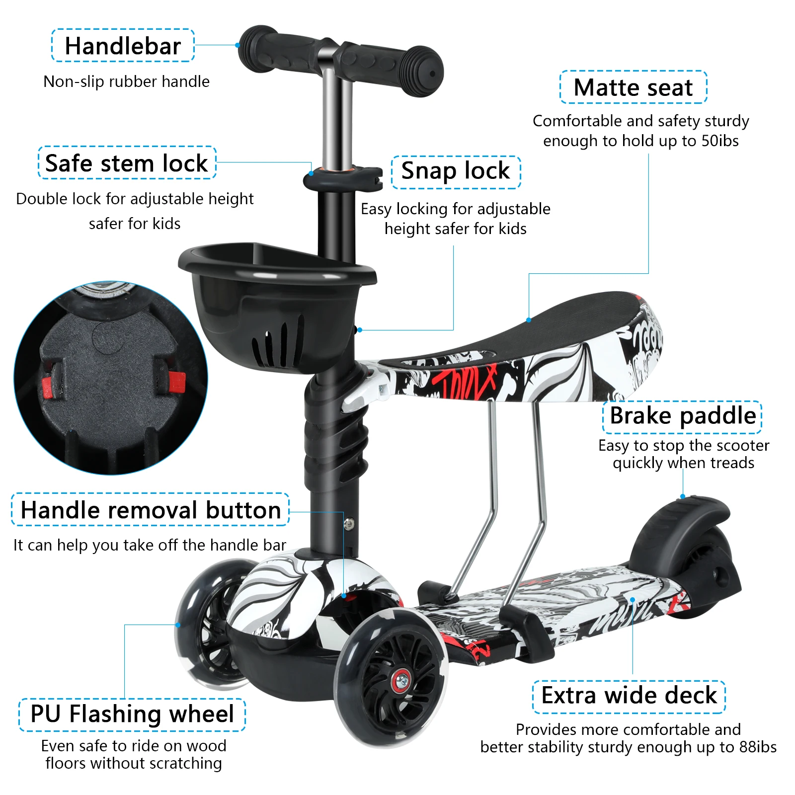 Kids Scooter , Kick Scooter with Removable Seat, Adjustable Height & LED Flashing Wheels Scooter with Brake for Kids Over 3 Year