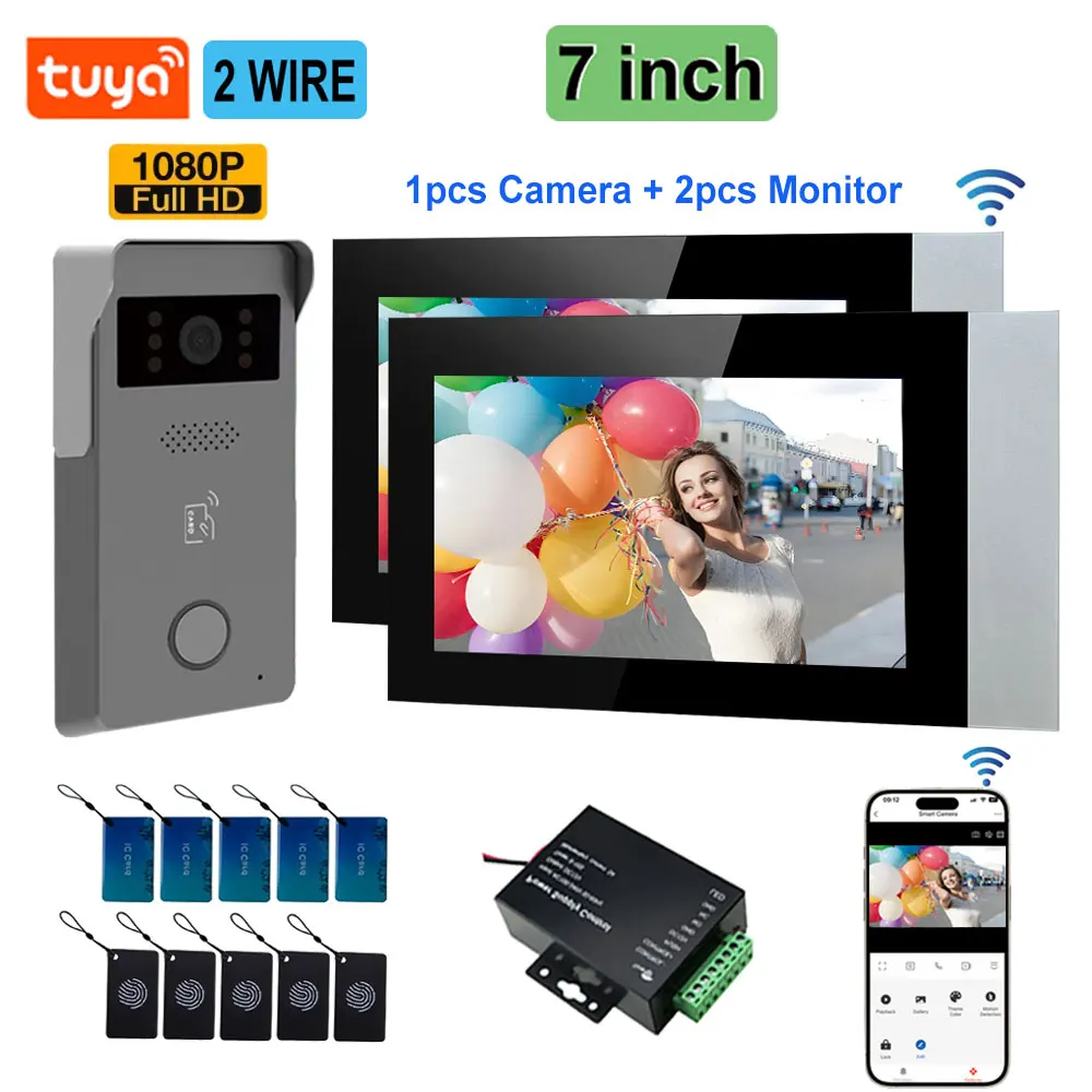 

2 Wire Tuya Smart 7 inch Video Doorbell Intercom System HD 1080P Camera Villa 1V1/ 1V2 Video Doorphone RFID Card Tuya App Unlock