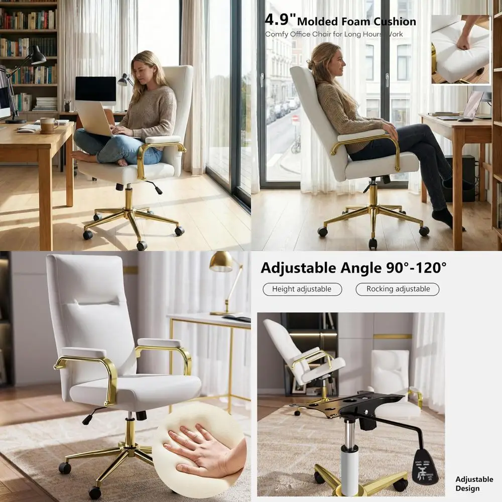 

Офисное кресло из пены с эффектом памяти в белом и золотом цвете, эргономичное кресло для рабочего стола с колесиками и подлокотниками, высокое кресло руководителя для женщин