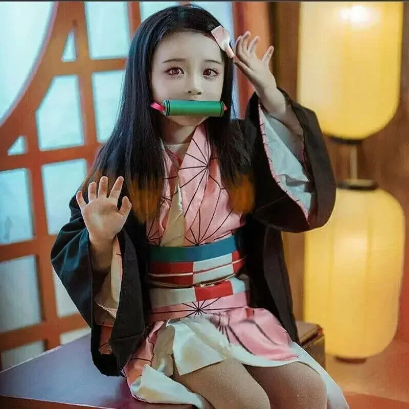 Anime  Kamado Nezuko Cosplay Costume Kimono  Cosplay Wigs Hairs Halloween Carnival Women Outfit view 4