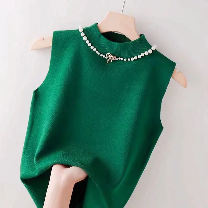 Half High Collar Nail Bead Vest Women Spring New Bottoming Short Knit Slim Top  Korean Fashion Clothing Green Tops for Women