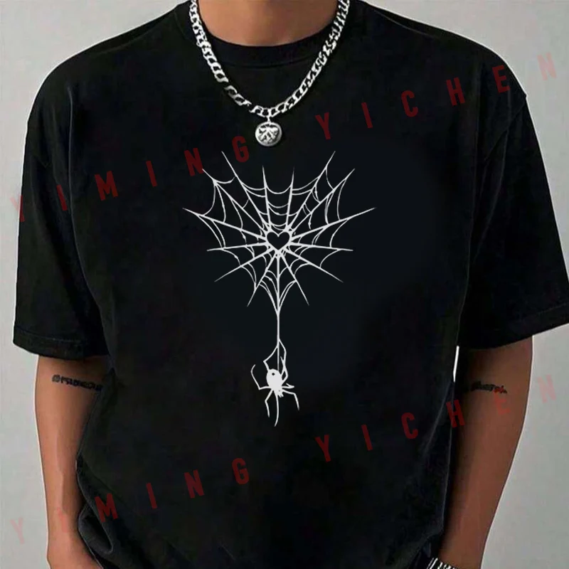 Spider Heart Spider Web Pattern Design Motorcycle T-shirt Casual Trendy Tshirts For Summer Comfortable Short Sleeve Tops