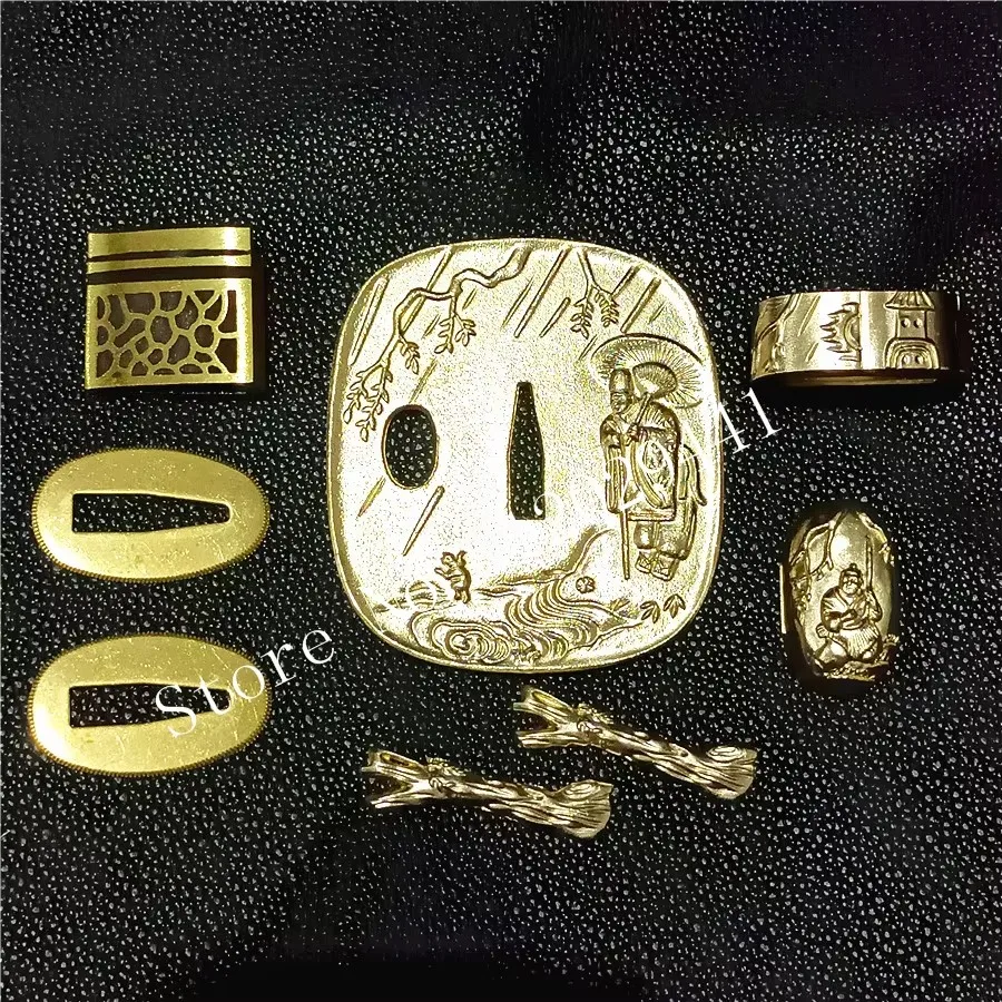A Set Copper Hand Guard/Tsuba+Menuki+Fuchi+Kashira For Japanese Samurai Katana/Wakizashi/Tanto DIY Sword Handle Fittings