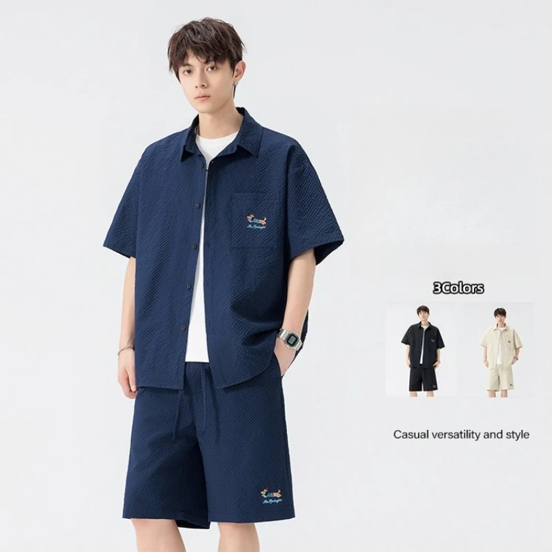 

Summer Men's Bubble Fabric Embroidery 2-Piece Set (Short Sleeve Shirt + Elastic Waist Shorts), Casual Beach Outfit, Breathable