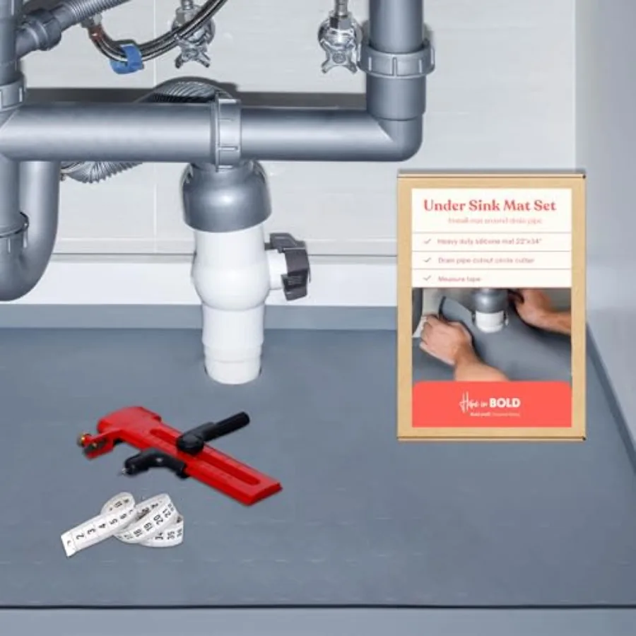 

3 in 1 SET: Under Sink Mat with Cutout for Pipes - Cut to Size Under Sink Mat 34x22'' - Cut to Fit Sink Mats - Waterproof Under