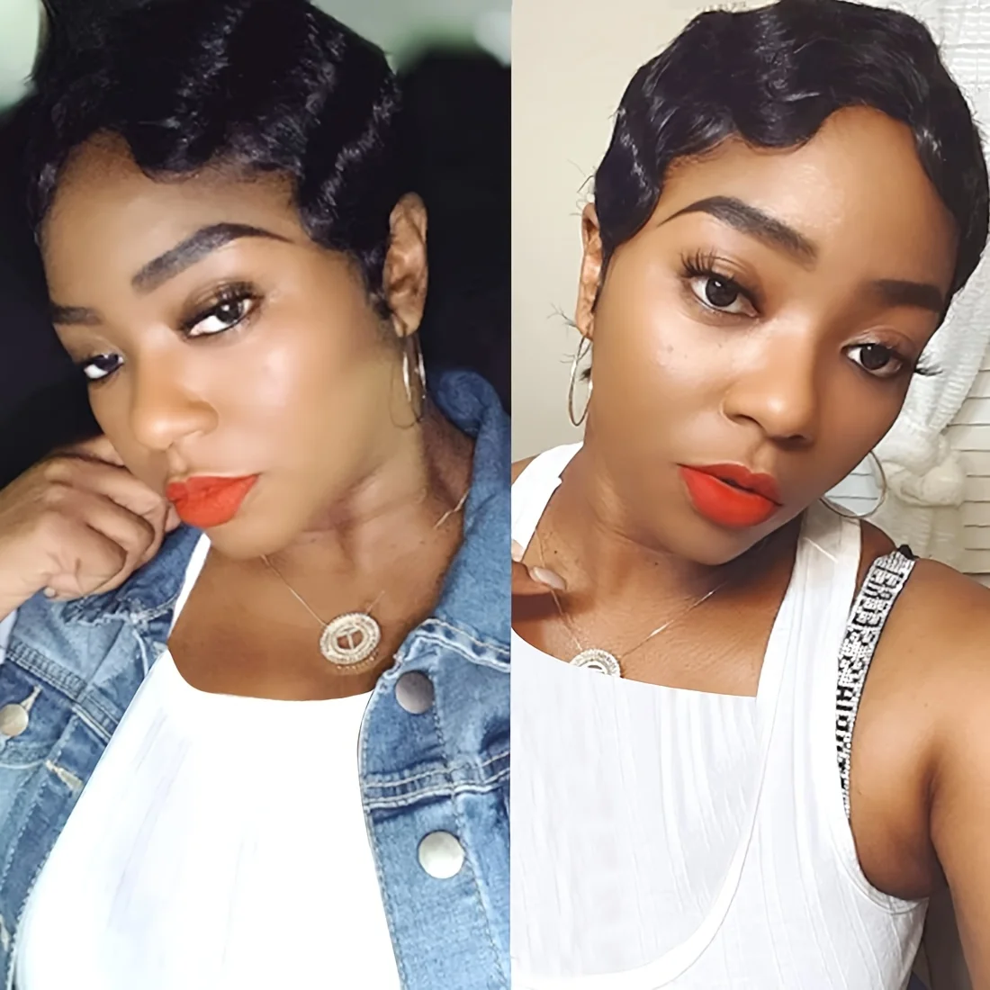 フィンガーウェーブカーリーウェーブピクシーカットウィッグ 女性用 150%密度 6インチ人毛ウィッグ 女性用 フルマシンメイドウィッグ