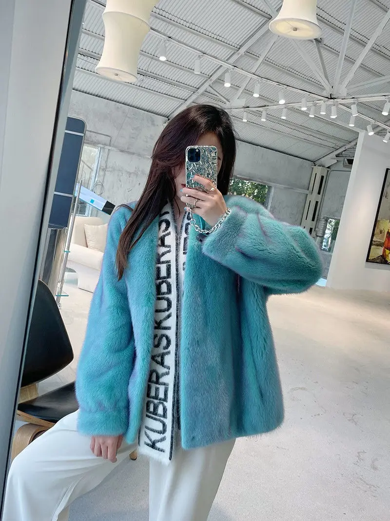 Winter Gradient Faux Fux Collarlless Teal Blue Jacket Coat for Women