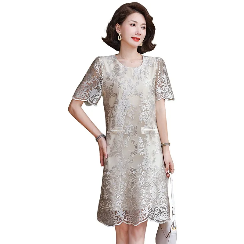 Summer Casual A-line Dress For Women Puff Sleeves Hollow Out Design Mid Length Solid Color Dresses 2024 New Clothing