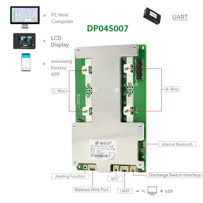 JBD ذكي BMS LiFePo4 4S بطارية حماية التوازن ، طاقة بدء تشغيل السيارة ، UART المدمج في وظيفة BT ، NMC LFP ، 12 فولت ، 100A ، 150A ، 200A