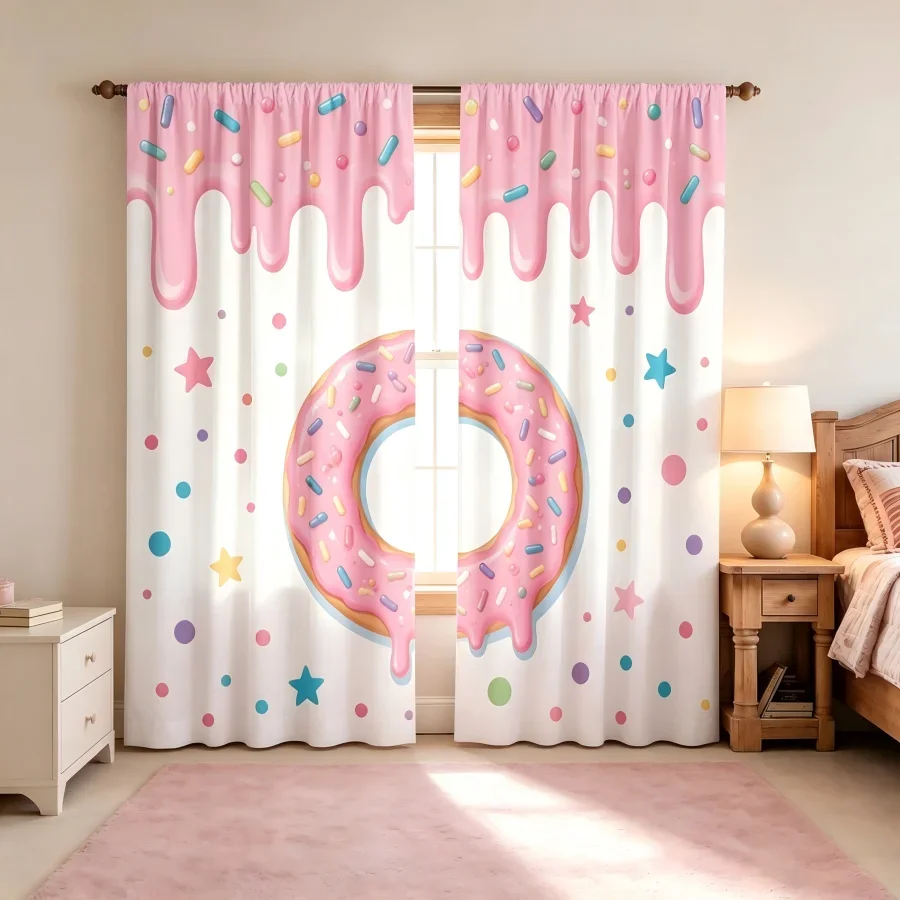 Cute Pink Donut Shower Curtain Bathroom Decor Sweet Candy Pattern Light Filtering Curtain for Nursery Kids Room