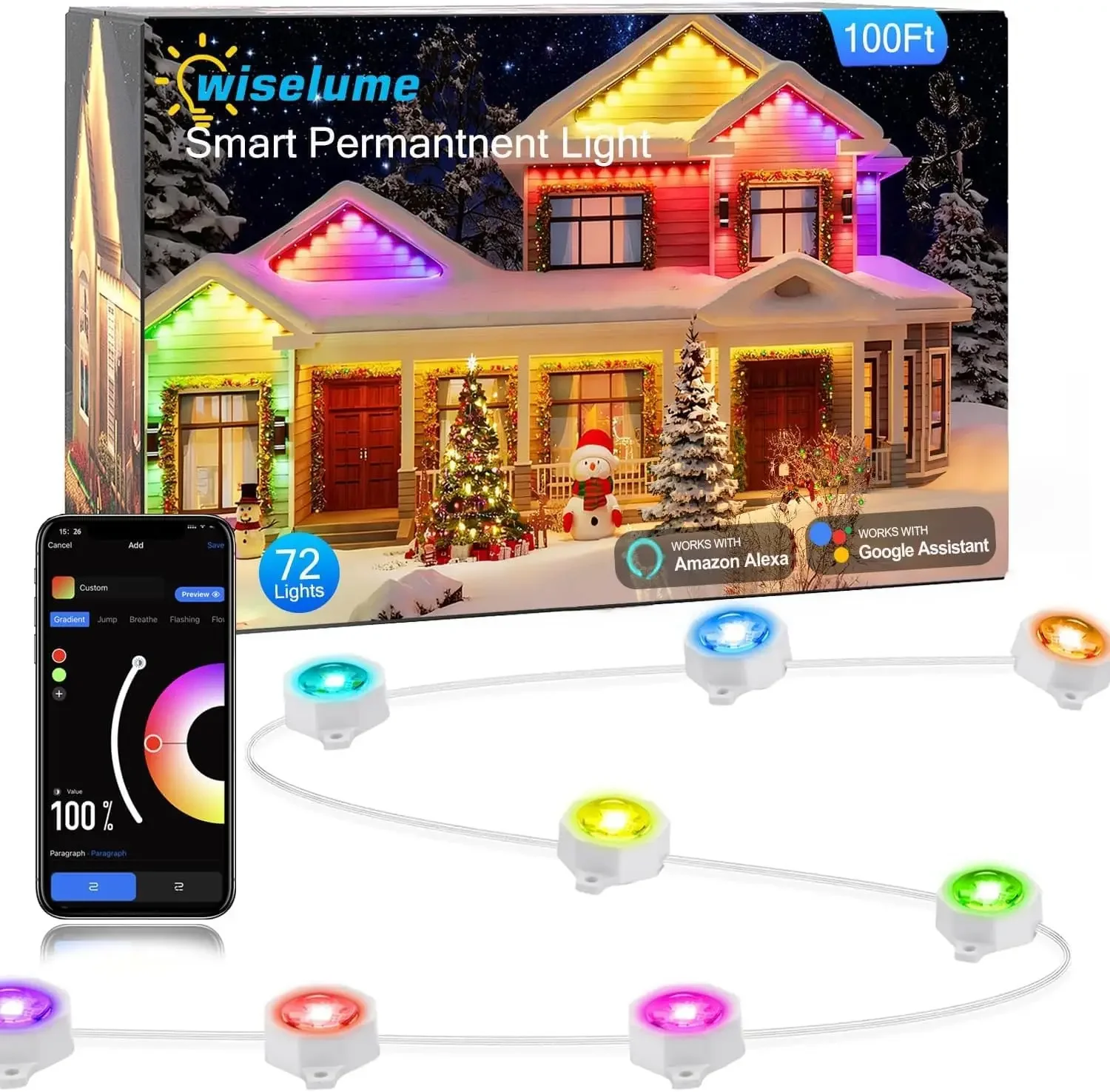 100Ft Permanent Outdoor Light with 72 LED Lights, RGB+IC Eaves Lights,Color-Changing Waterproof Lights with 63 Scene Modes,APP &