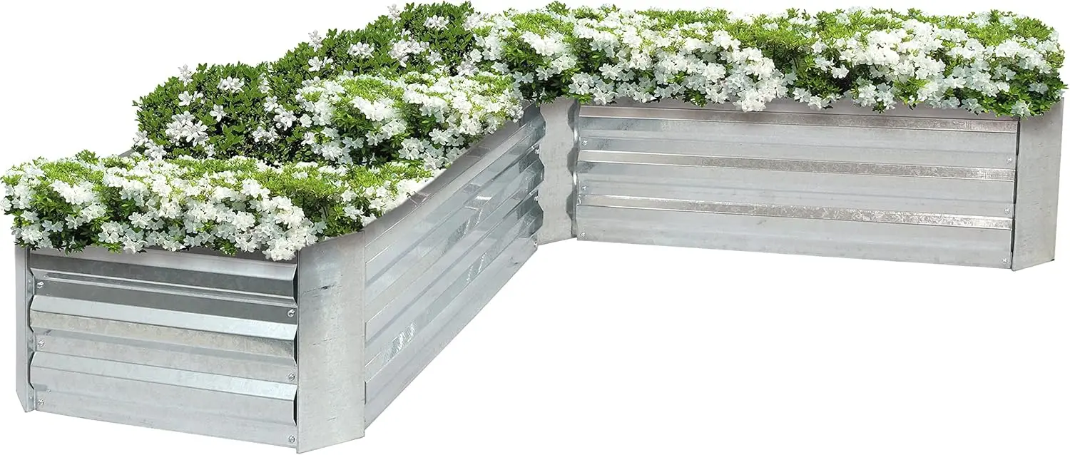 Outdoor Vegetable and Flower Gardening, Galvanized Metal, Silver, L - Shaped Design