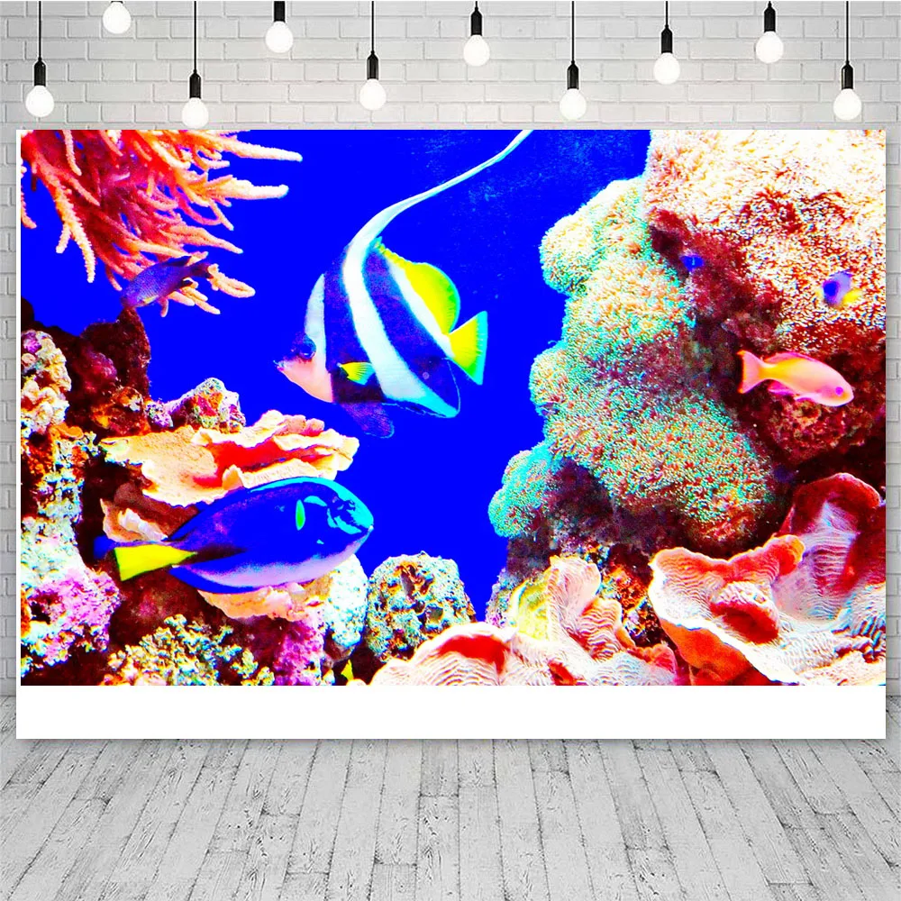 Pano de fundo de tubarão para chá de bebê, azul, mundo subaquático, fundo do mar, peixe, coral, decoração de festa de aniversário infantil, fundo de foto, adereços de fotografia