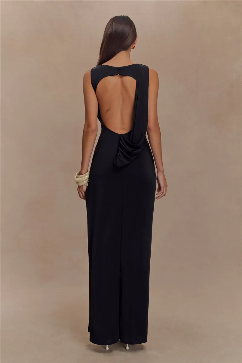 Backless Ruches Sexy Maxi Jurk Vrouwen Zomer O Hals Hoge Split Bodycon Elegante Lange Jurk Mode Jurk Mouwloze Jurken 2025