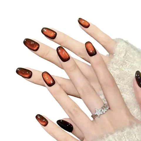 เล็บปลอมแบบกดติด 10 ชิ้น ทรงรีสั้น ทำมือ สีแดงเข้ม ประกายกลิตเตอร์ เอฟเฟกต์ตาแมว ปิดเต็มเล็บ สำหรับผู้หญิงและเด็กผู้หญิง