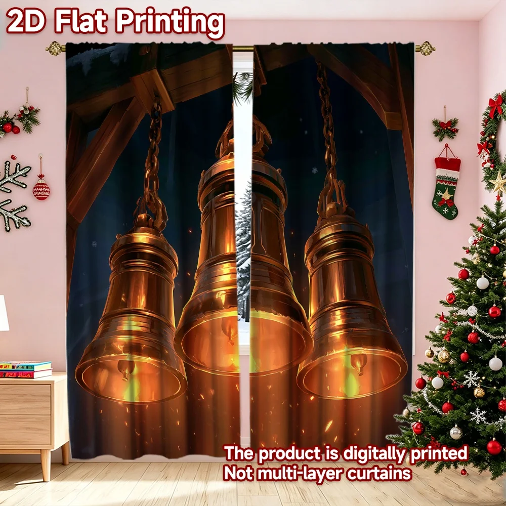 2D flat printing 2pcs Trend Christmas Curtains Christmas Golden Bells(1) Durable polyester fiber Festive Curtains for Booths