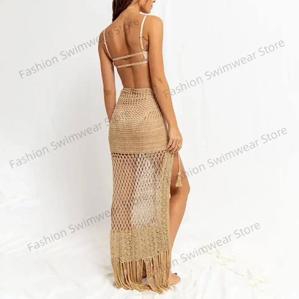 Beach Cover Up Women Sexy Solid Beach Dress Knitted Hollow Out Swimwear Tassel Beachwear Summer Drawstring Bathing Suit