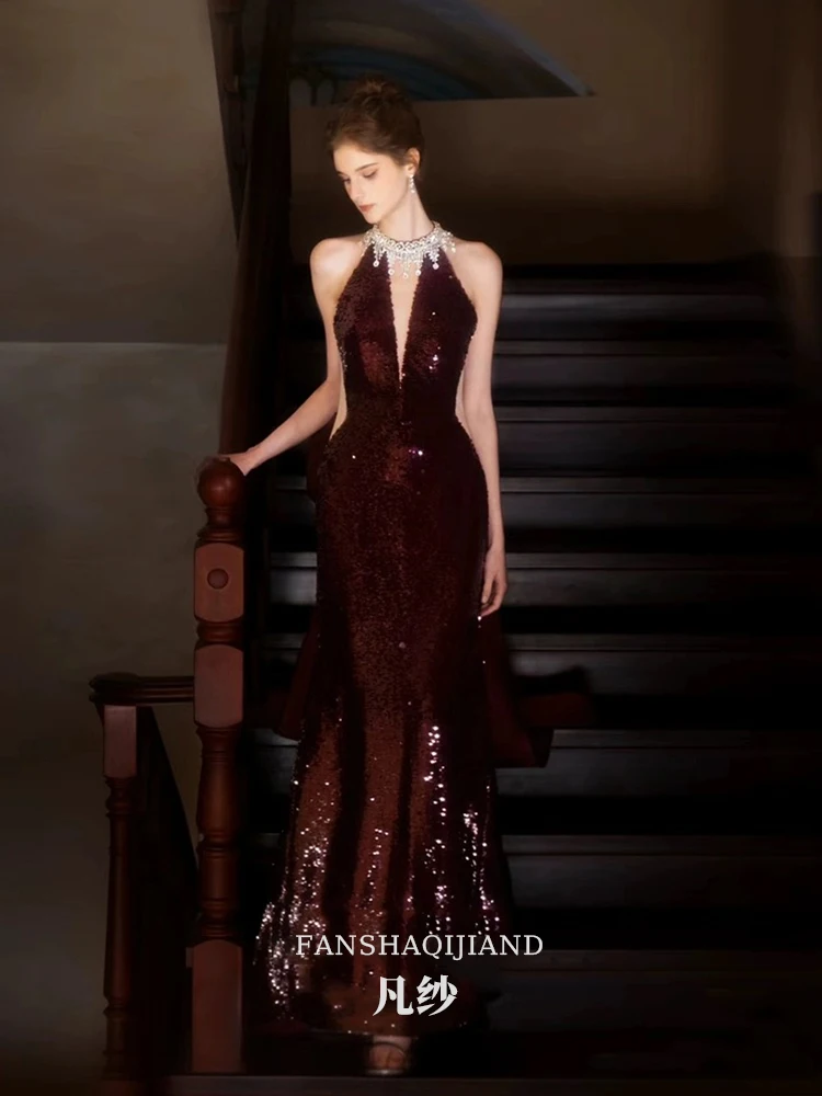 

Red Fi Tail Evening Gown Women's New 2025 High-End Luxury Wedding Dr Sexy Mid-Waist Polyester Long Skirt for Wedding Cel...