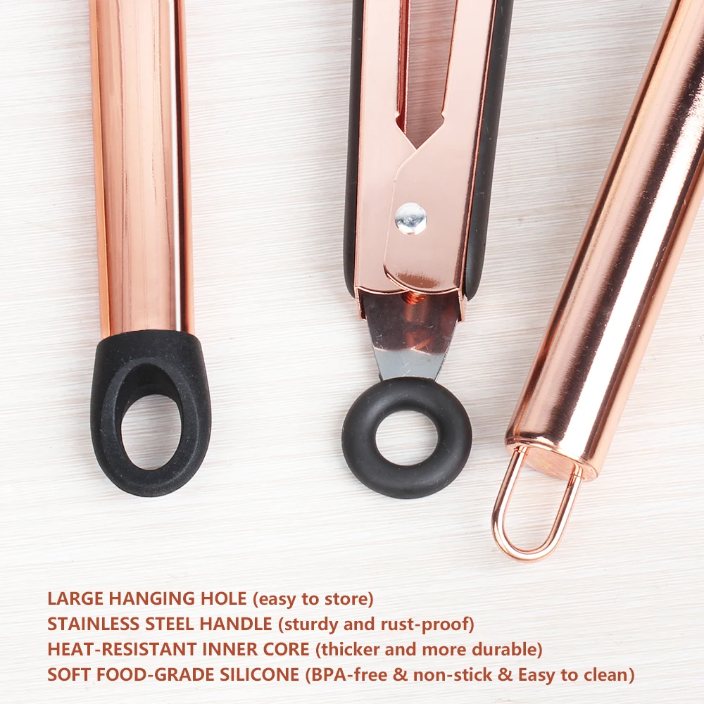 Rose Gold Kitchen Utensils Set Silicone Turner Tongs & Whisk Heat Resistant Gold-plated Stainless Steel Handle for Cooking BBQ