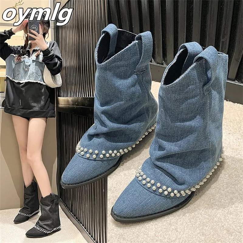 

2023 Autumn and Winter New Fashion Retro Short Tube Denim Western Boots Women's V-neck Versatile Trouser Sleeve Boots