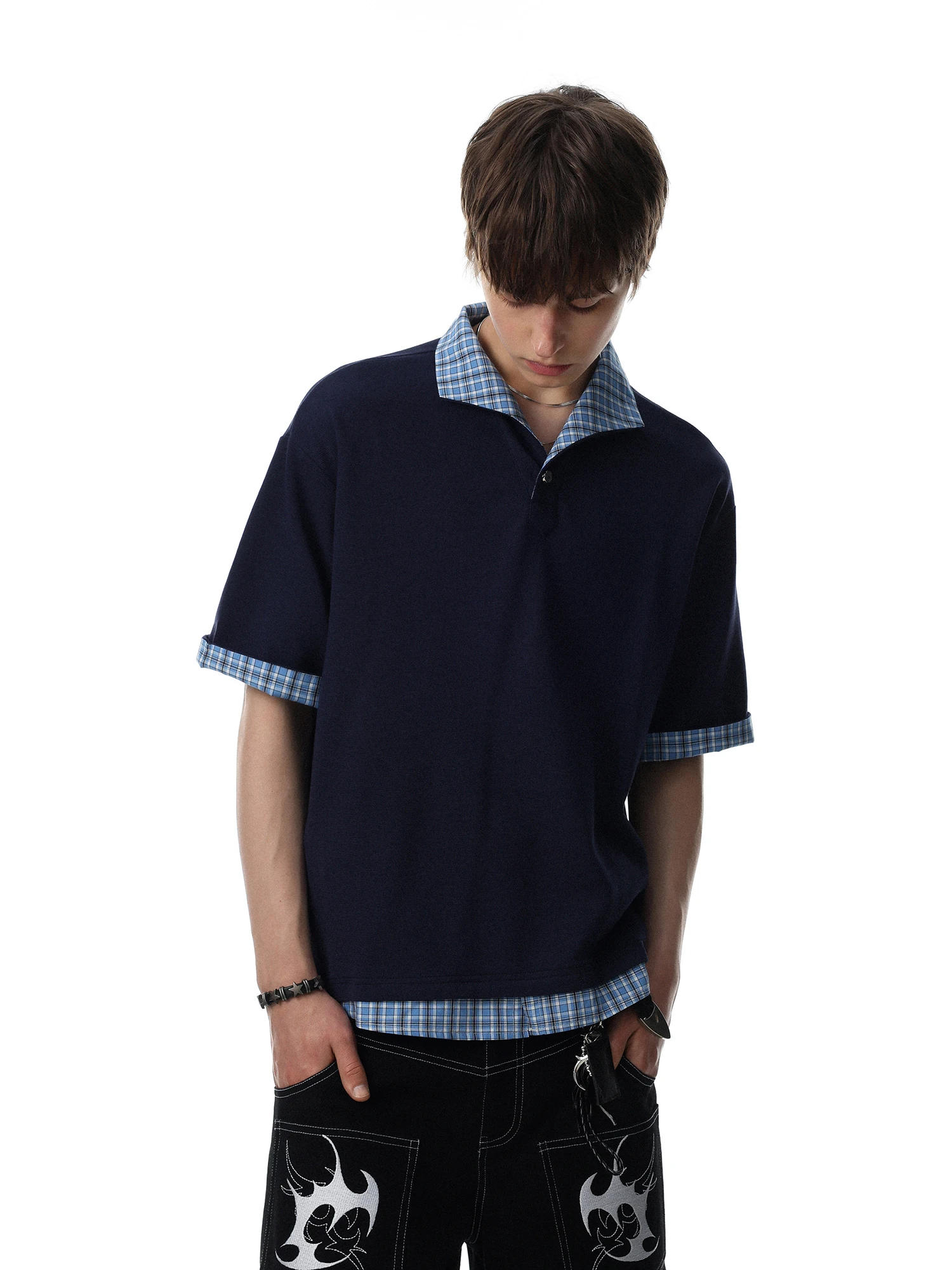 American Retro Plaid Splicing Fake Two-Piece  Shirt Men's Loose Versatile Short Sleeve Turn-down Collar Breathable Cotton...