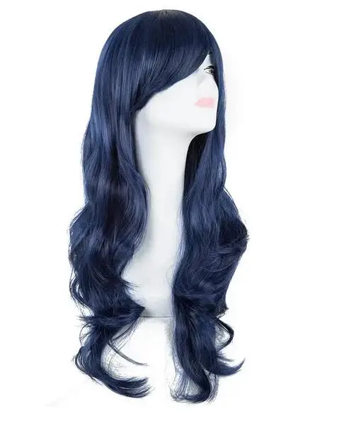 Cos-play Wig Synthetic Heat Resistant Fiber Long Wavy Dark Blue Hair Costume Cartoon Women Peruca Party Salon Hairpiece