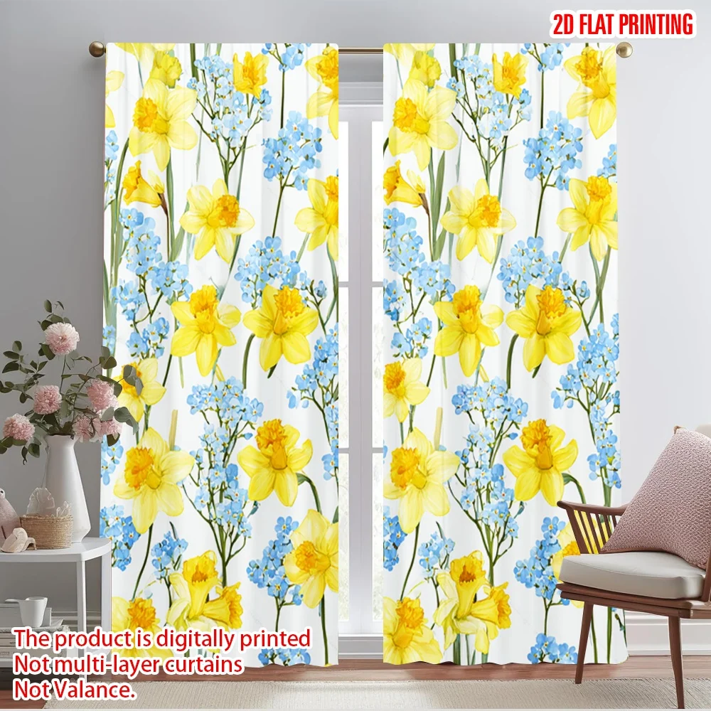 2pcs,2D plane printing Print Curtains Yellow Daffodils and Forget-Me-Nots Durable 100% Polyester Fabric (without rod) All