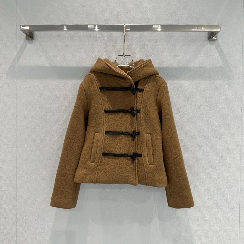 

Buckle-Front Wool Tweed Women's Jacket Elegant Commuter Single-Breasted Hooded Jacket 2025 Winter New Arrival Y2K Style