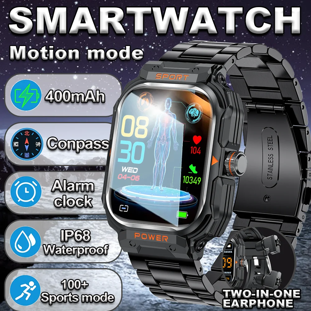 

2025 TWS Smartwatches Men Alloy Waterproof Bluetooth Earphones Dynamic Blood Oxygen Fitness Tracker Sports Watch for Android IOS