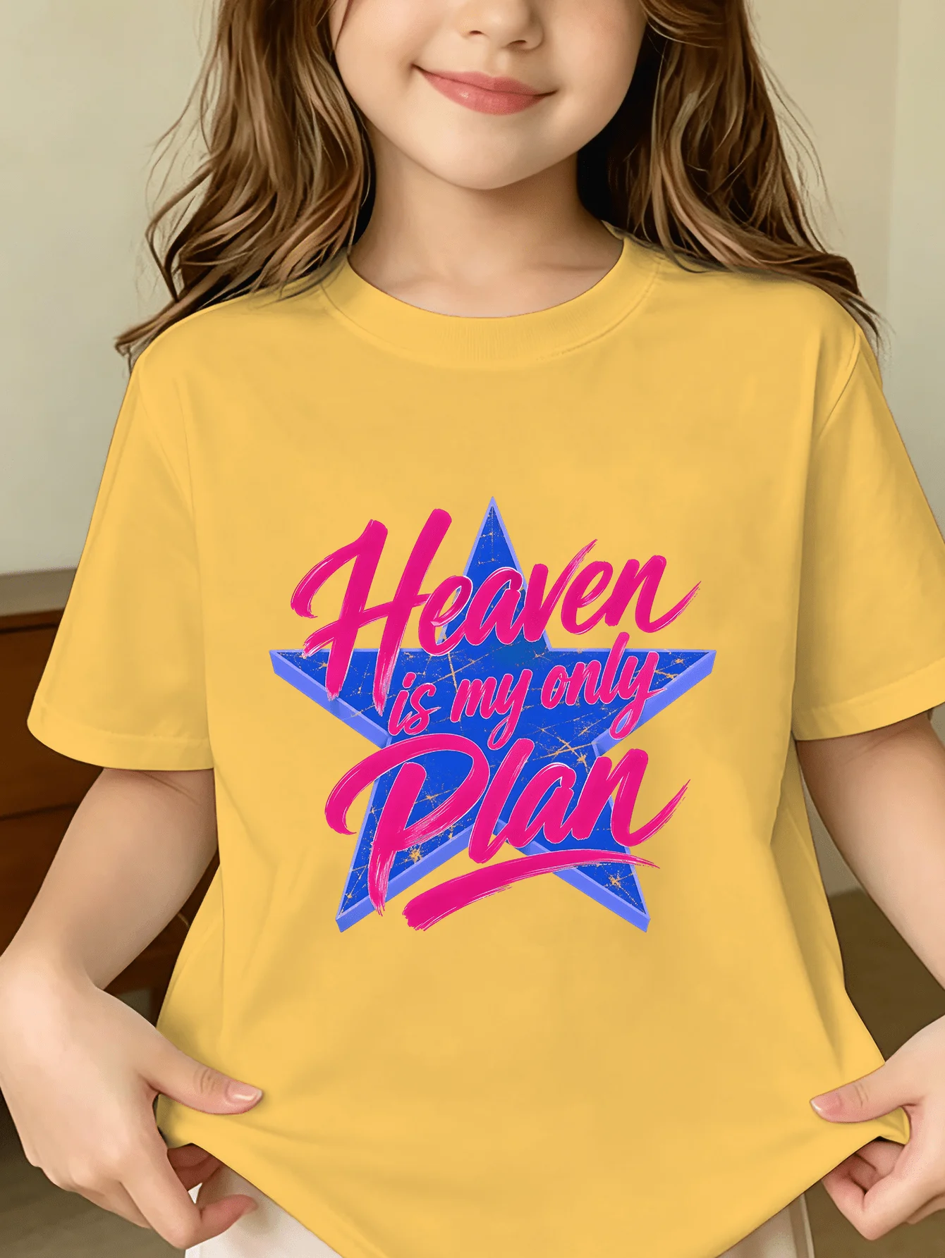 Star Slogan Tee Heaven Is My Only Plan Letter Print Boys Girls Family Matching Cotton Summer Short Sleeve Basic Children Tshirt