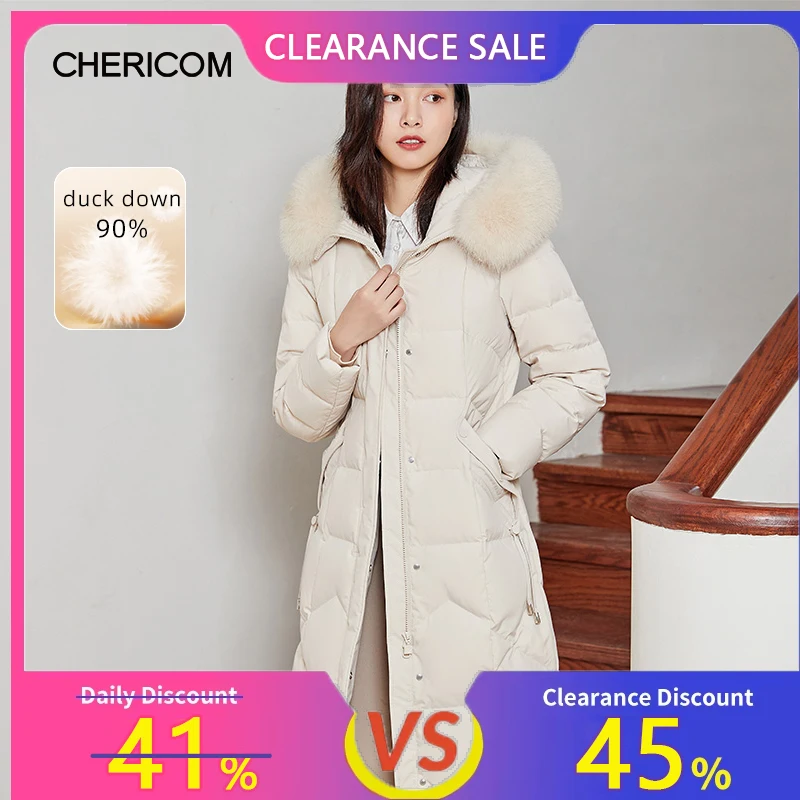 Chericom ผู้หญิงฤดูหนาวลงเสื้อกลางยาว Fox ขนสัตว์เป็ดลงหนาปักเป้าแจ็คเก็ต Solid เดินทางเบาะ Coats 279220