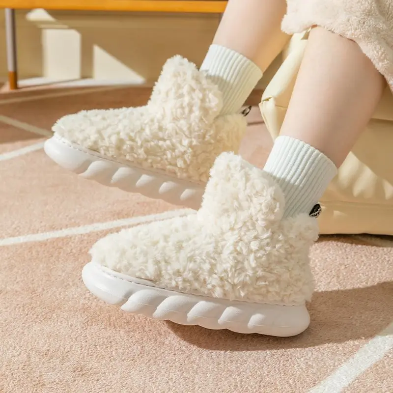 Women Cute Cotton Slippers Winter Home Indoor High-top Shoes Warm Round Head Snow Boots Lightweight Flats Botas De Neve Feminina