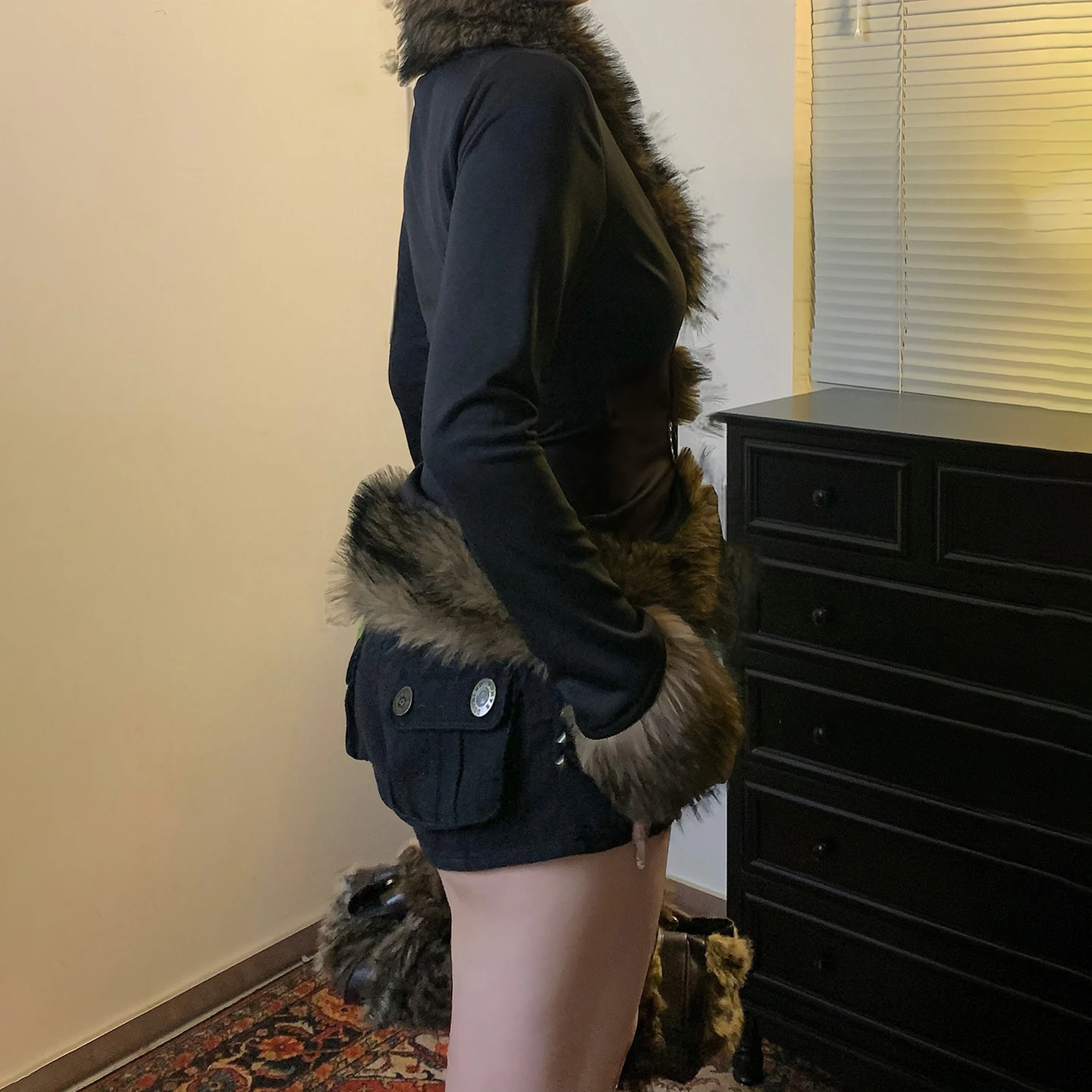SUCHCUTE  Vintage 90s Grunge Faux Fur Edge Cropped Jacket Women Rivet Buckle Strap Slim Waist Y2K Goth Punk Outer Coat Winter
