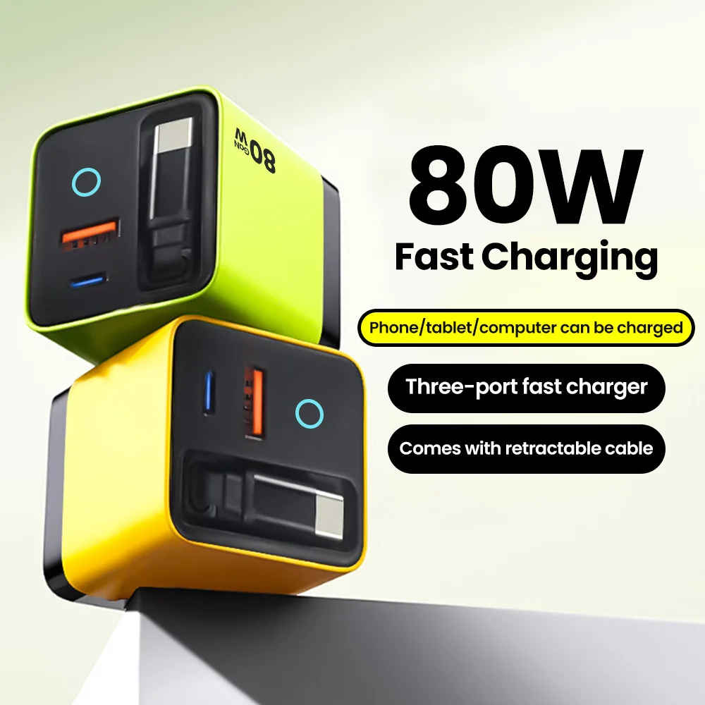 GAN Charger PD 80W Fast Charging Head With Retractable Type-C Cable Portable EU/US/UK Plug For Huawei Phone Samsung Xiaomi - náhled 3