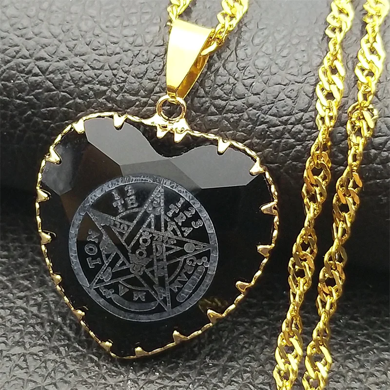 Jewish Tetragrammaton Hebrew Pentagram Heart Shaped Glass Necklaces for Men Women Stainless Steel Gold Color Chain Jewelry Gift
