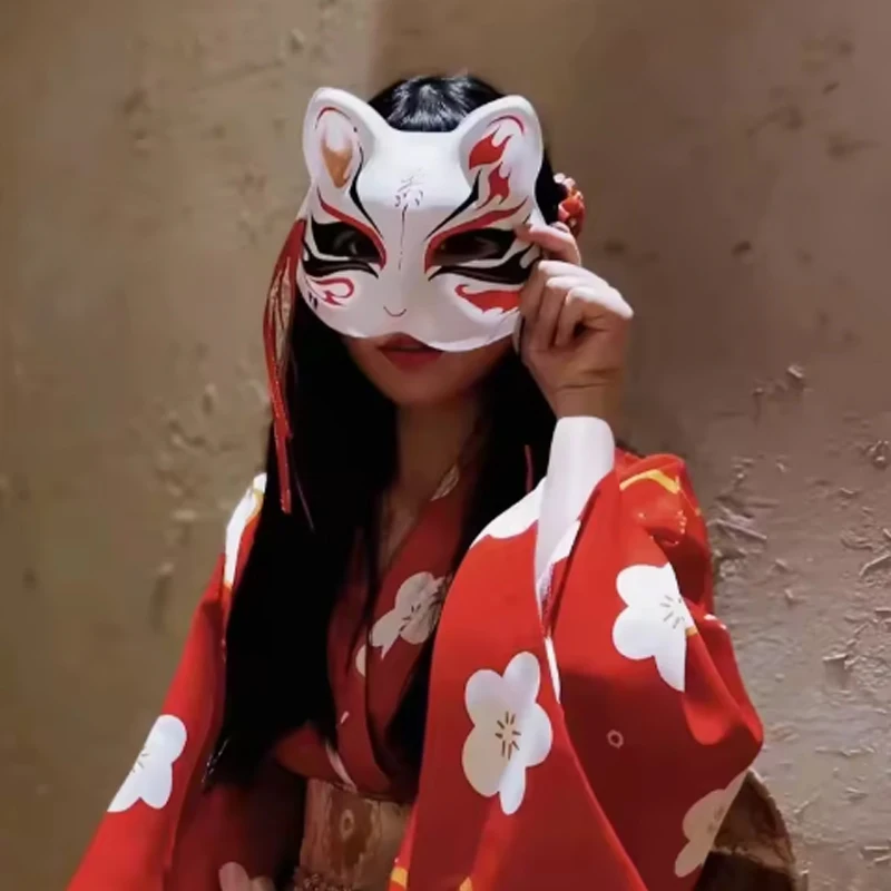 Japońska Maska Pół Twarzy Ręcznie Malowana Maska Kota Lisa Anime Demon Slayer Maskarada Halloween Festiwal Cosplay Rekwizyt Prezent na Nowy Rok