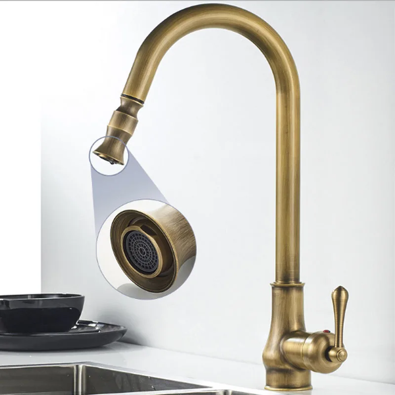 Pull-out, extendable and rotatable kitchen cold and hot water faucet, wash basin, sink, antique copper-style faucet