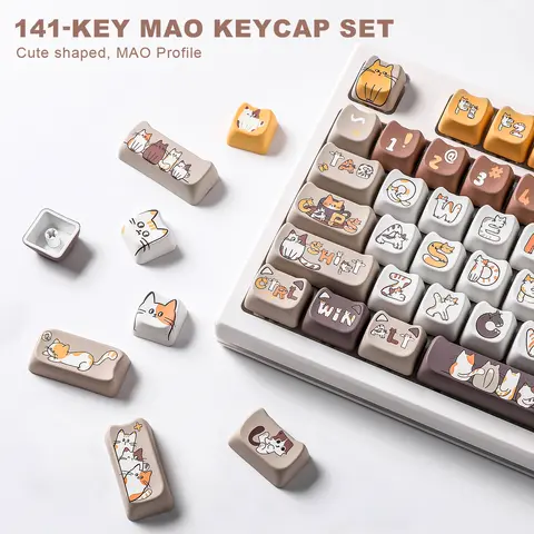 YUNZII Cats MAO Profile Keycap Set, Cute 141 Keys Dye Sublimation Custom Keycaps, Full-Key for MX Switch Mechanical Keyboard