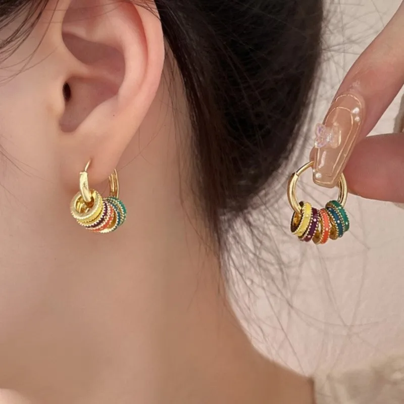 Vintage Colorful Glazed Round Hoop Earrings for Women Creative Fashion Huggies Jewelry Gifts