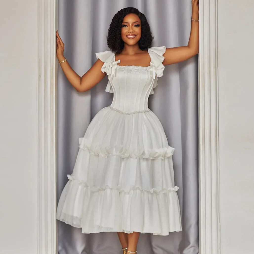 

Vintage Modest White Formal Occasion Dresses Mid Calf Women Dresses Square Neckline Tierred Trimmed A-line Satin Maxi Dress