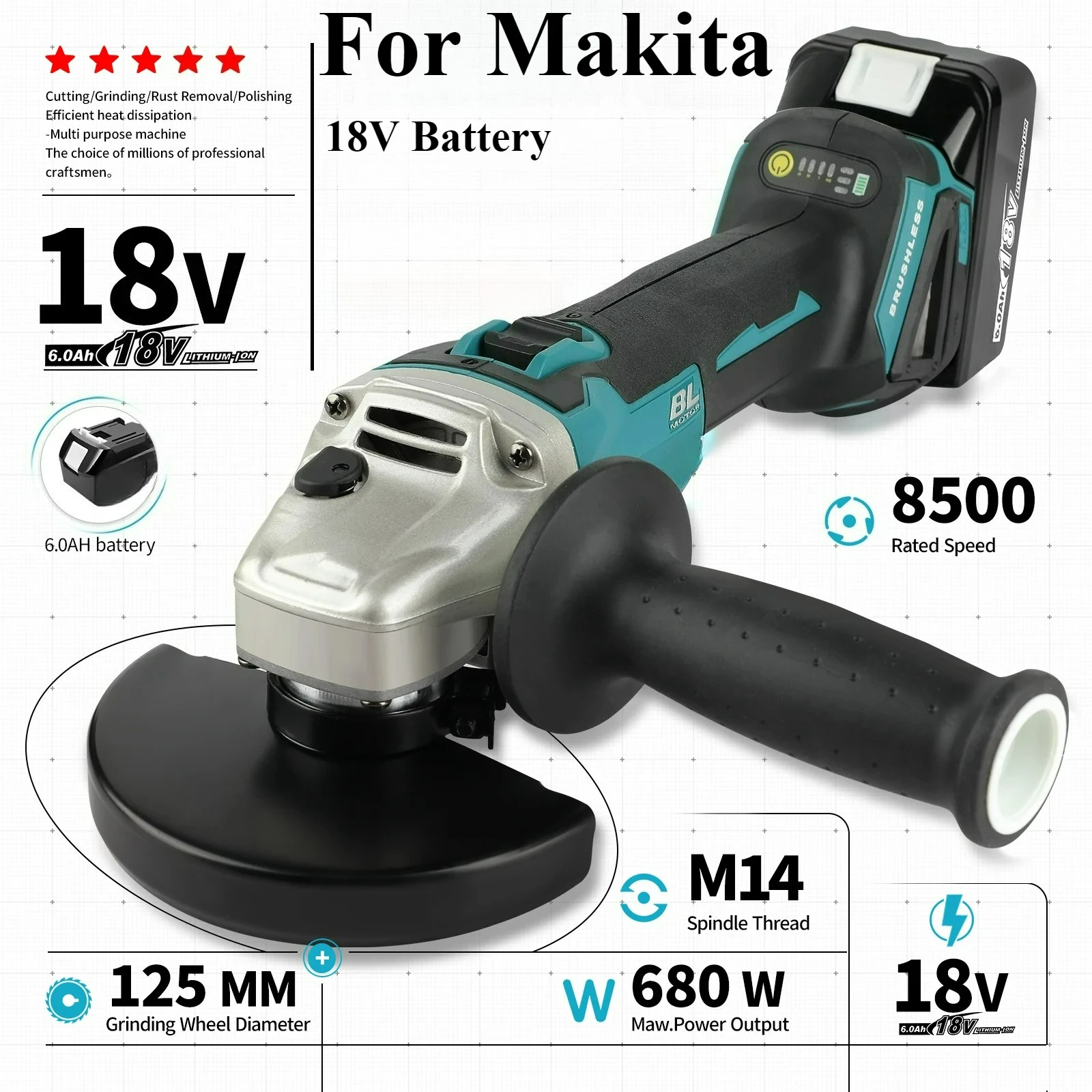 

Electric Tool Brushless Angle Grinder Multi purpose Cutting and Polishing 18V Lithium Battery For Makita 18V Battery Pins