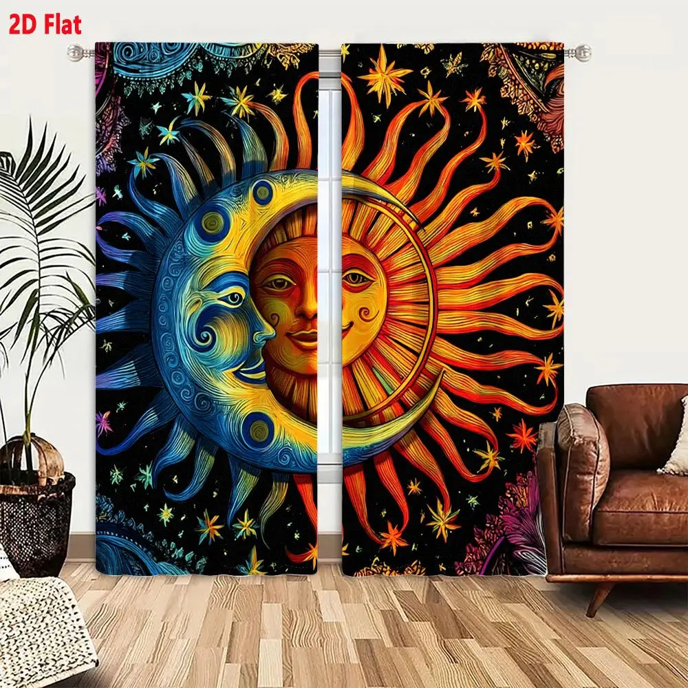2Pcs Curtains 2D Flat Cosmic Sun And Moon Union Psychedelic Art Yin Yang Balance Window Drapes for Bedroom Room Decor Decoration