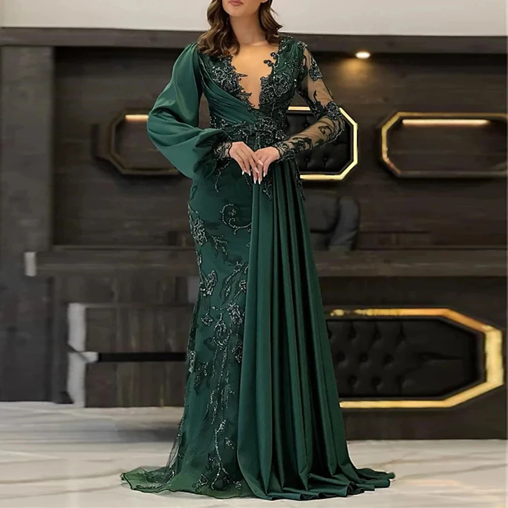 Dark Green Evening Dresses Women's Sexy V-Neck Long Sleeve Mermaid Lace Applique Luxury Princess Prom Gowns Formal Party 2023 De