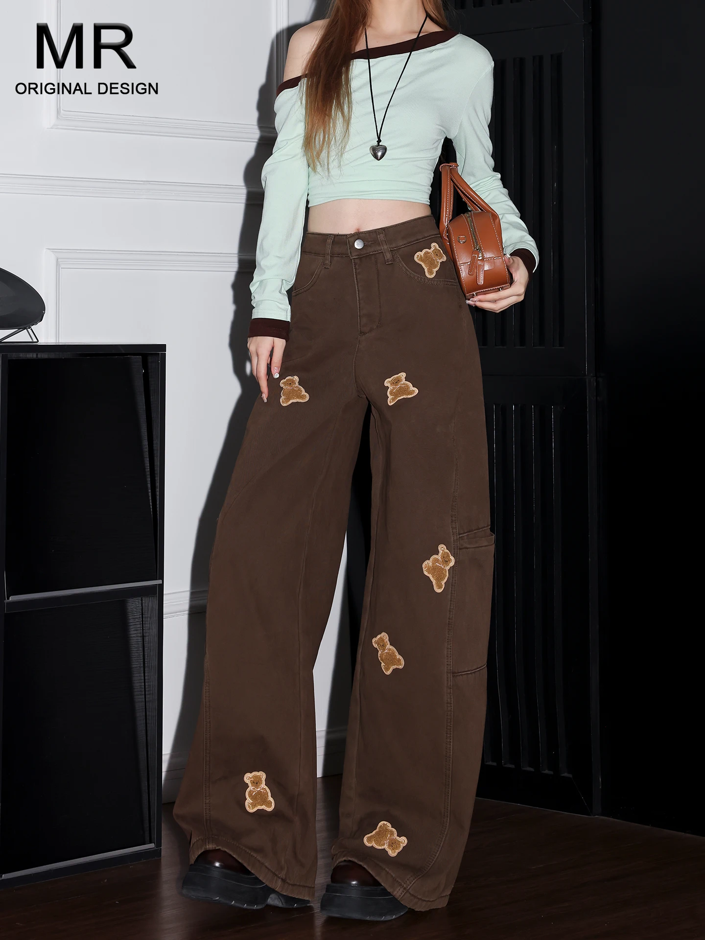 

Khaki Bear Embroidery Wide Leg Jeans Women's New 2026 Spring Summer High Waist Slim Straight Floor-Length Pants Casual Americ...