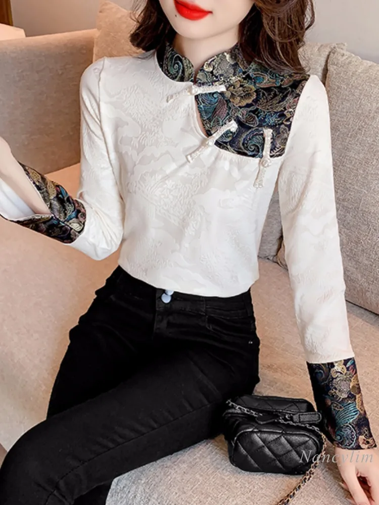 New Chinese Style Long-Sleeved Shirt for Women Spring 2024 New Retro Buckle Top Fashion Pattern Blouses Tops