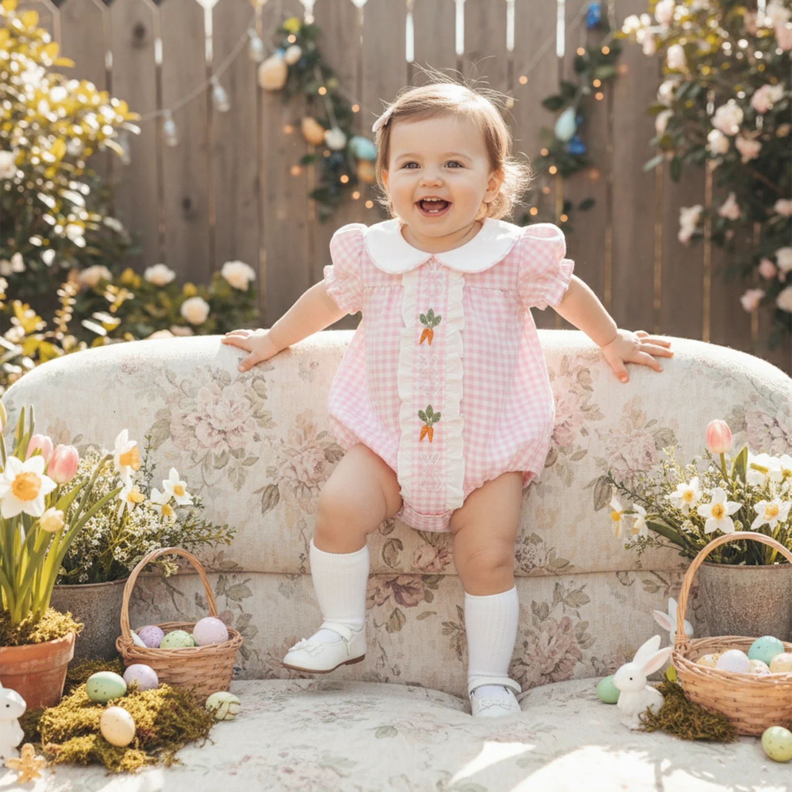 

Blotona Baby Girls Easter Romper Carrot Bunny Embroidered Plaid Doll Collar Short Sleeve Newborn Jumpsuit