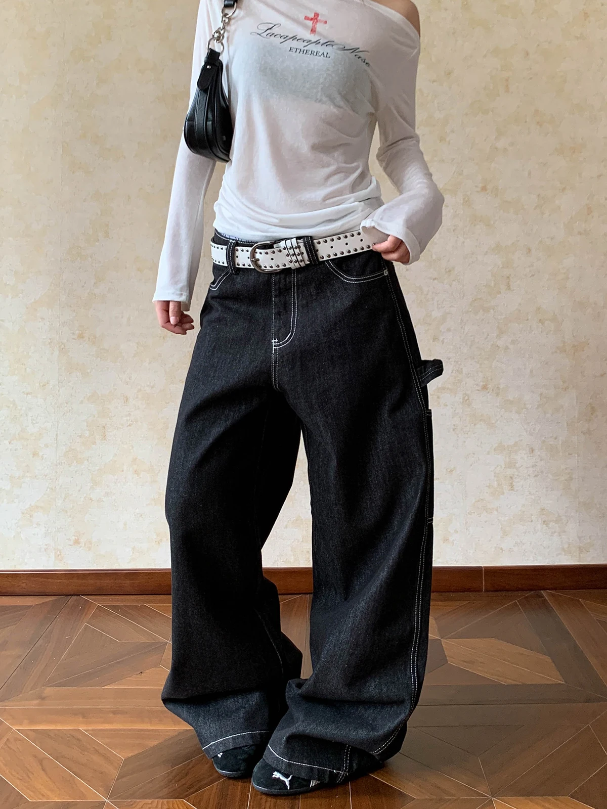 

Джинсы Aket American Sle в стиле ретро, свободные прямые брюки длиной до пола, повседневные джинсовые брюки с высокой талией для женщин