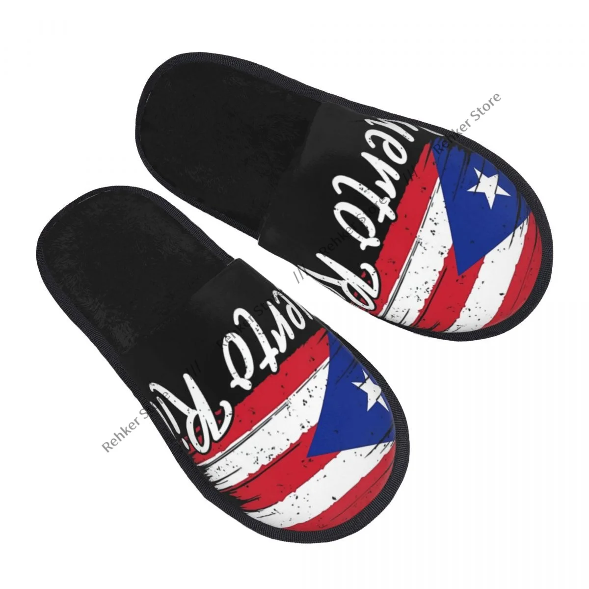 

Winter Warm Women Men Plush Flat Indoor Slippers Puerto Rico Flag Furry Home Non-slip Shoes