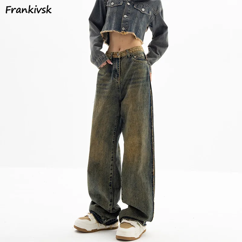 

Vintage Jeans Women Wide Leg Baggy Spliced Contrast Color Full Length American Punk Style Retro Slouchy Hipster Washed Frayed